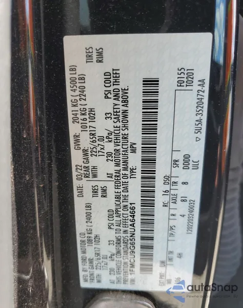 2022 Ford Escape Se z USA, uszkodzony, nr VIN 1FMCU9G65NUA64661